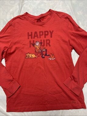 Life Is Good Happy Hour Camping Long Sleeve Crusher T Shirt Red 100% Cotton Sz L